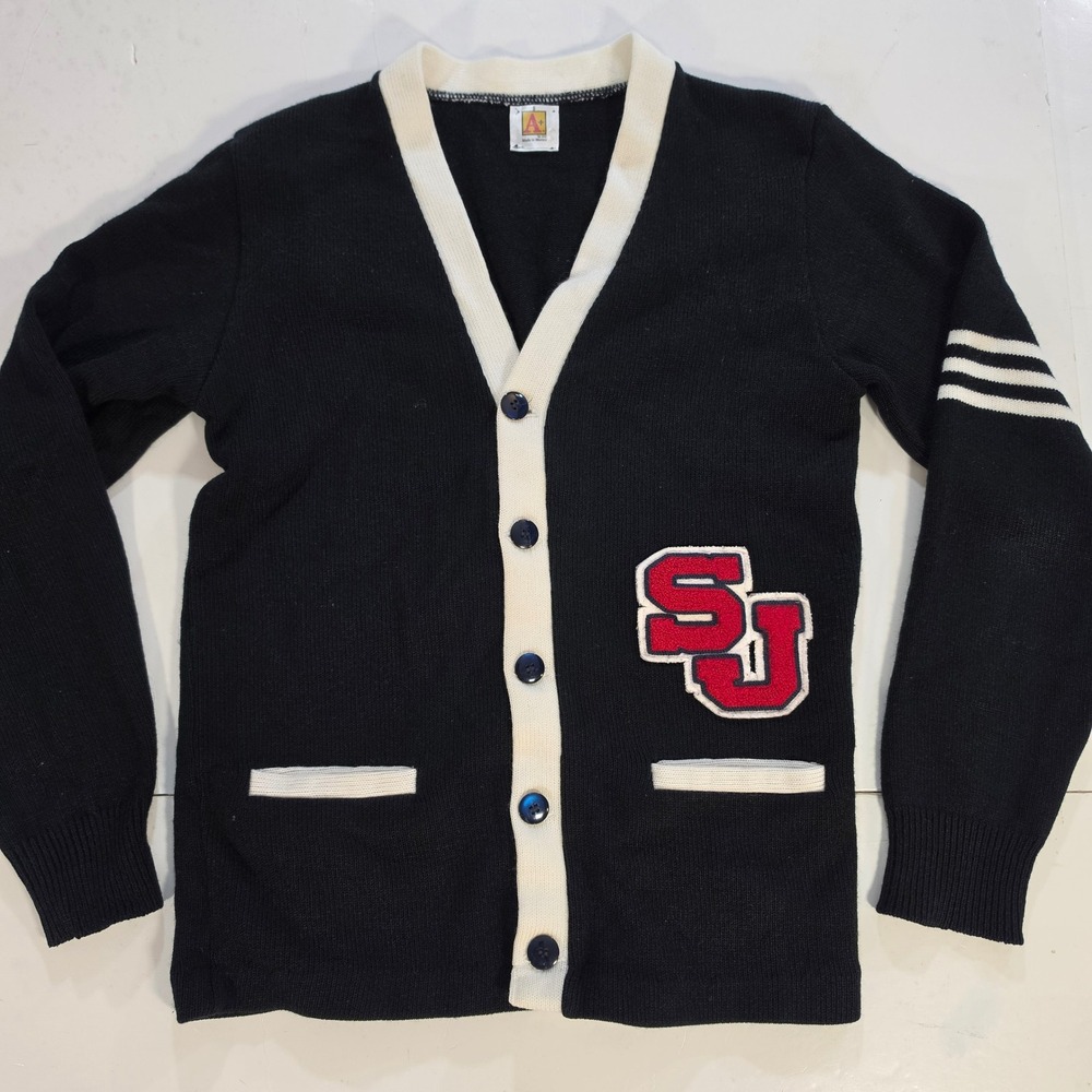 A+ by SAI Varsity Cardigan Sweater Black White SJ Patch Letterman Small